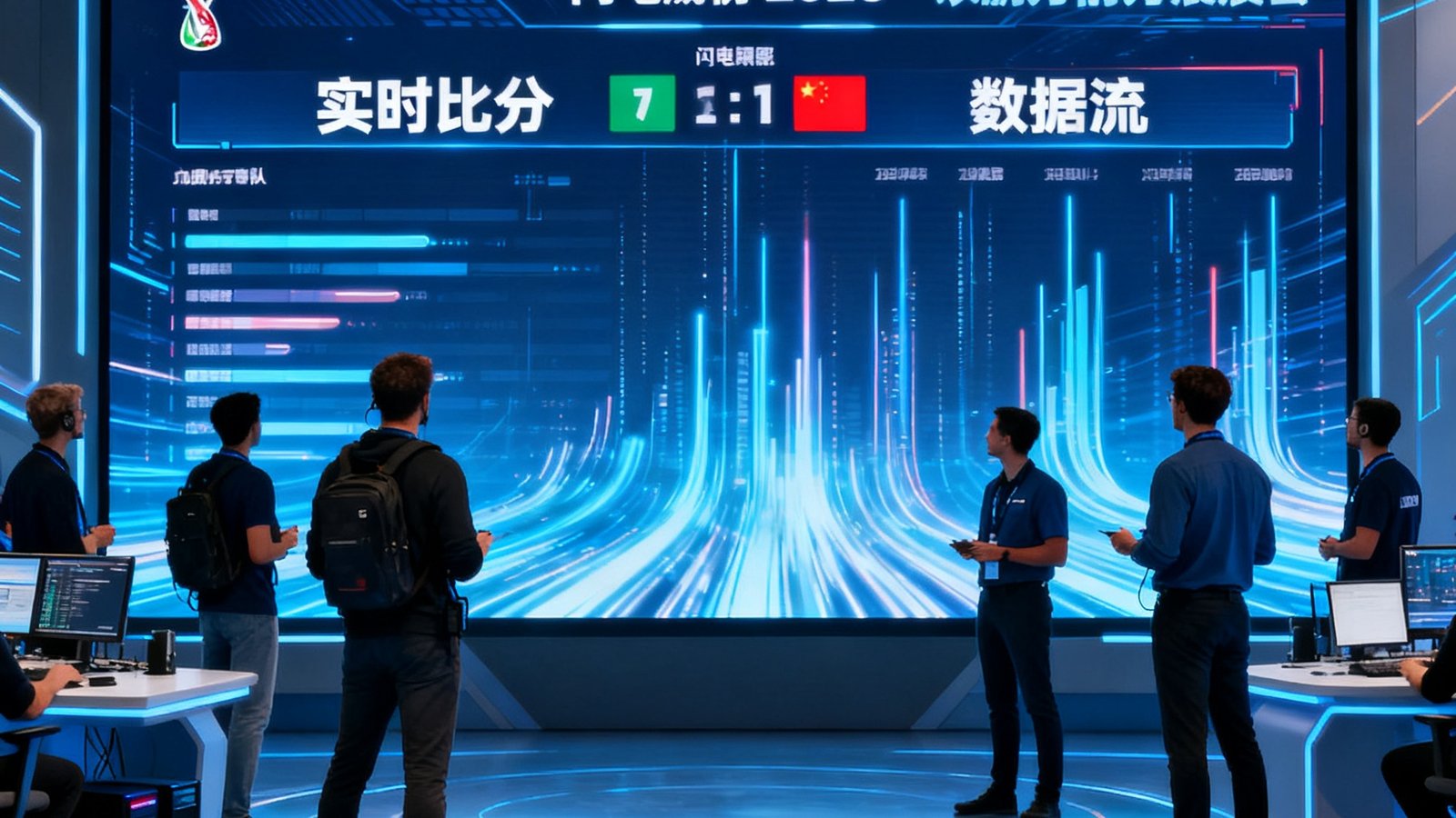 闪电比分团队在2026世界杯前方演播室，分析师和工程师站在大屏前，屏幕显示实时比分与数据流，充满科技感
