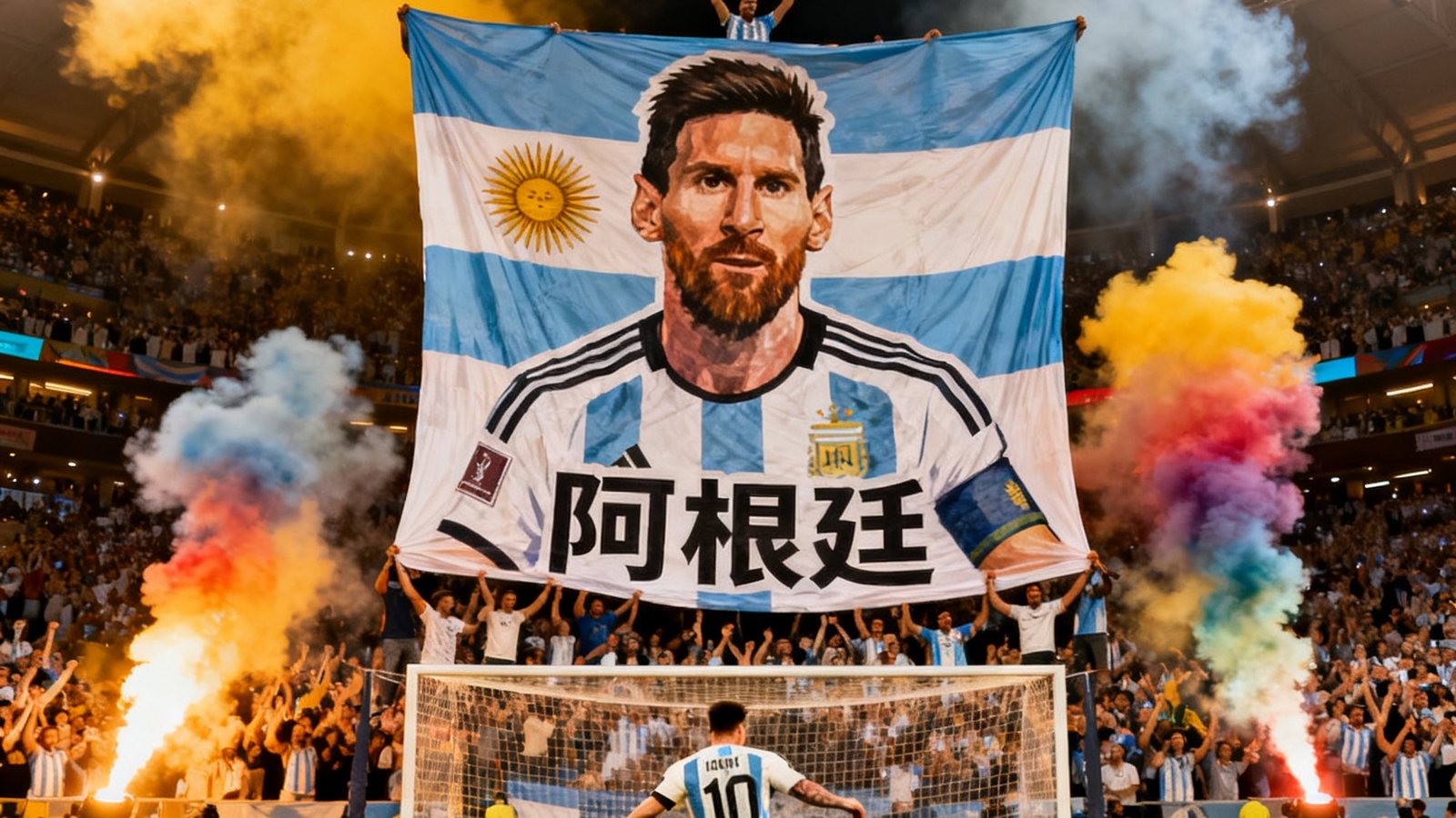 梅西点球破门慢镜头,阿根廷球迷巨幅Tifo,球场气氛热烈
